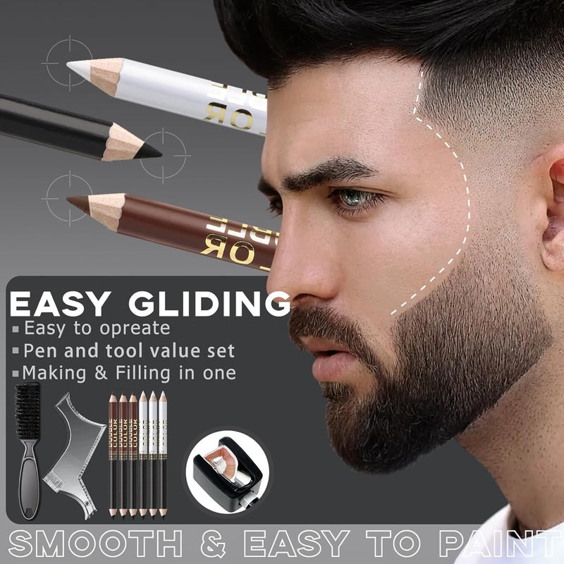 Noerrors Barber Pencil for Lineup Magic Hairline Enhancement Beard Guide Shaping Pencils for Design Razor Trace Black Brown White Barber Chalk Pencils Set with Sharpener Ruler Brush for Men - Image 2
